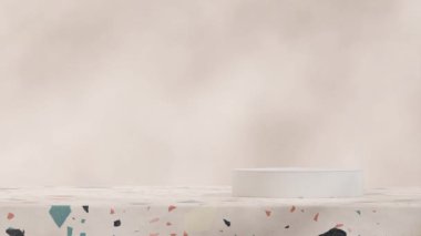 Terrazzo desenli manzaralı beyaz podyumun en az üç boyutlu tasarım sahne şablonu.
