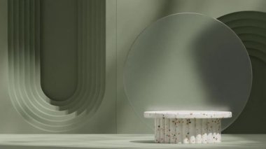 3D görüntüleme doğal şekil terrazzo desen podyumu cam ve yeşil duvarlı.