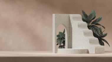 Yeşil terrazzo silindir podyum döngüsünün boş alanı Gobo ışığı ve pembe çizgili kalathea ile kusursuz gölge animasyonu