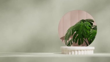 Yeşil ve pembe renkli duvar ve canavar bitkisi ile kusursuz gölge animasyon döngüsü, beyaz biçimlendirilmiş yuvarlak podyum sahne şablonu