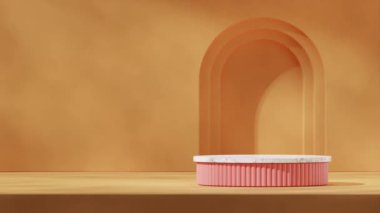 3D görüntüleme sahnesi mermer ve pembe podyum döngüsü kusursuz gölge animasyonu sarı geometrik şekil duvarlı