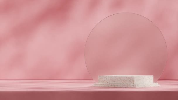空白のモックアップ ブロックの形 シームレスなループ シャドウ アニメーションによって曇らされたガラス サークルおよびピンクの壁 ビデオ レンダリングのテラゾの表紙 — ストック動画