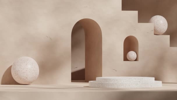 带棕色纹理墙和楼梯的无缝阴影动画 渲染了Terrazzo模式圆筒平台3D镜头模板 — 图库视频影像