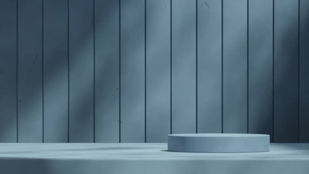 ストライプテクスチャのモノクロ壁でループするシームレスな影アニメーション ブルーカラーシリンダー表彰台の3D映像の空白のモックアップ — ストック動画