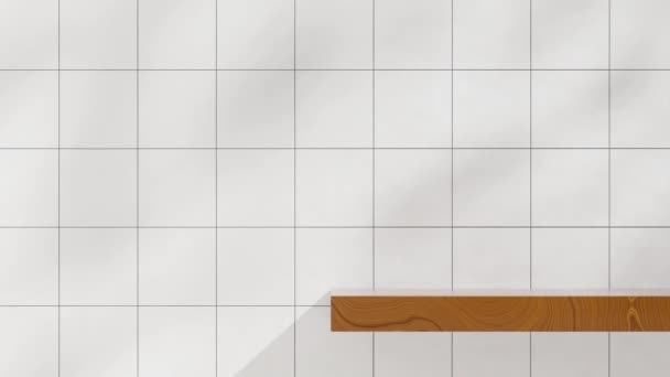 3Dレンダリング 白い長方形のタイルの壁が付いている木質の表面の継ぎ目が無い影のアニメーションの映像の空白のモックアップ — ストック動画