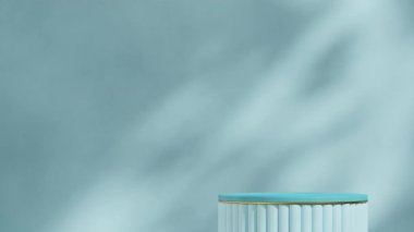 Mavi duvar ve güneş ışığı ile kusursuz gölge animasyonu döngüsü, 3D görüntüler gökyüzü mavi ve altın podyumun boş alanını oluşturuyor