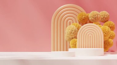 Yüzen turuncu top, buzlu cam, 3D video görüntüsü terrazzo desenli podyumun boş modelini oluşturuyor.