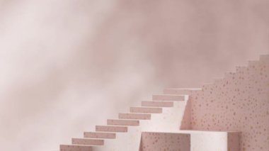 Pembe terrazzo desenli podyumun 3D görüntüleme şablonu, merdiven arka planında kusursuz gölge animasyonu döngüsü.