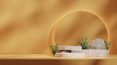 silindir terrazzo podyumu dikdörtgen döngü gölgesi animasyonu. Arka planda sarı daire çizimi, 3D görüntüyü boş hale getiriyor.