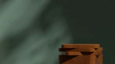 Ahşap desenli podyum dikişsiz gölge animasyon döngüsü yeşil duvar arkaplanı, 3D görüntüyü boş hale getiriyor