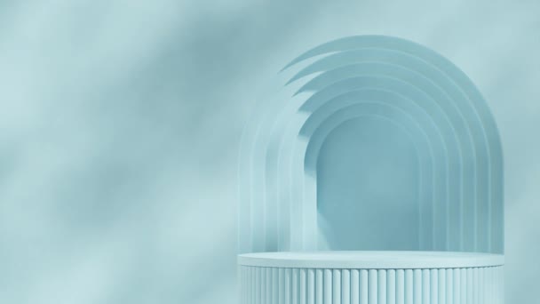 造型模板质感圆柱形讲台 带环状无缝阴影动画天蓝色墙壁和拱形背景 渲染3D画面 — 图库视频影像