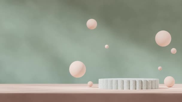 シーンモックアップグリーンテラッツォ表彰台のシームレスな影アニメーションアプリコット球と緑の壁 3D映像レンダリング — ストック動画