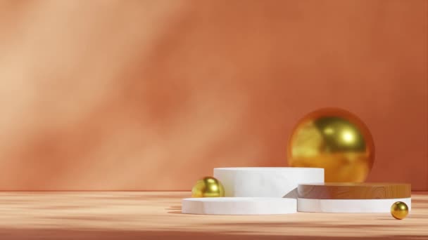 白色和木制纹理讲台圈无缝阴影动画与金球和橙色墙壁 3D镜头渲染模板模型 — 图库视频影像