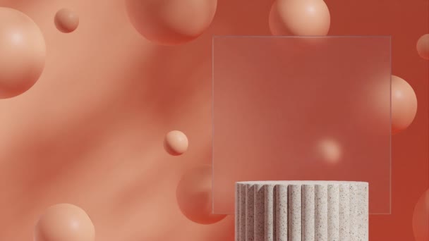 モックアップテンプレートテラゾパターン表彰台のシームレスな影アニメーションループフロートオレンジボール 霜ガラス 3Dビデオレンダリング — ストック動画