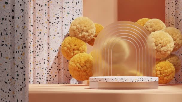 空のモックアップガラスとテラゾ表彰台のシームレスな影アニメーションループの3Dレンダリングの黄色い模倣物 — ストック動画