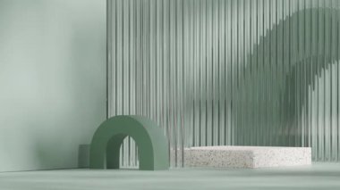 Doğal terrazzo podyum döngüsü kusursuz gölge animasyonu yeşil cam şeffaf arkaplan, 3D görüntü oluşturma şablonu