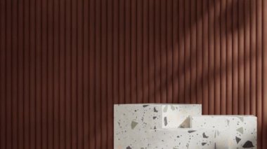 Blok şekilli terrazzo yeşil podyum döngüsünün 3D görüntü oluşturma şablonu. Doksanlı silindir duvarlı kusursuz gölge animasyonu.