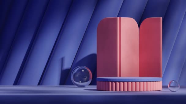 Стеклянная Сфера Форма Цилиндра Трехмерном Изображении Пустой Фиолетовый Фиолетовый Подиум — стоковое видео