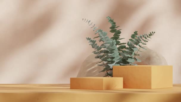 Żółty Prostokąt Podium Bezszwowy Cień Animacja Pętla Eukaliptusa Liść Roślin — Wideo stockowe