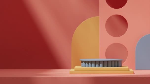 シームレスな影のアニメーション抽象的な形状オレンジの背景をループする空のスペースブルーイエロー表彰台 3D映像をレンダリング — ストック動画