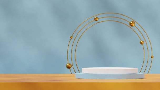 3Dビデオレンダリングシーンテンプレート ホワイトブルーシリンダ表面シームレスループシャドーアニメーションとゴールドリングと球面背景 — ストック動画