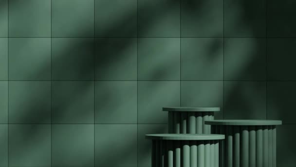 Ciemnozielony Cylinder Podium Pętli Płynny Cień Animacja Kwadratowym Wzorem Ściany — Wideo stockowe