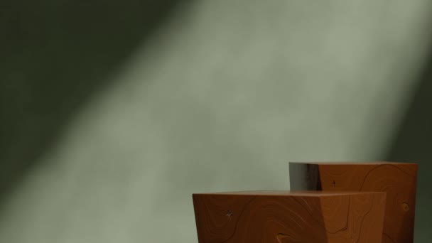 シームレスなループシャドウアニメーション シンプルなミニマルグリーンウォール 3Dビデオレンダリングシーンモックアップのスタイリッシュな木質テクスチャ表紙 — ストック動画