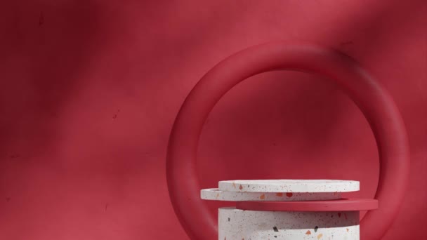 空白のモックアップ白いテラゾーテクスチャされた表彰台 赤いリングと壁をループするシームレスな影アニメーション 3D映像レンダリング — ストック動画