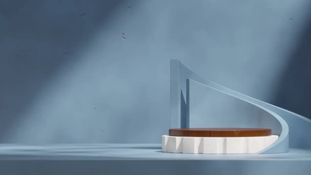 シームレスなループシャドウアニメーションとブルーの曲線形のバックドロップ 3Dレンダリング映像は テクスチャとホワイト表彰台の空白のモックアップ — ストック動画