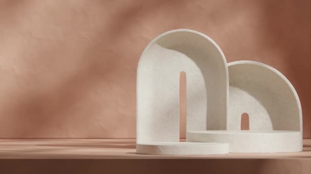 テンプレートモックアップホワイトセラミックテクスチャ表彰台のループシームレスな影アニメーションブラウンカラー素材壁 3D映像レンダリング — ストック動画