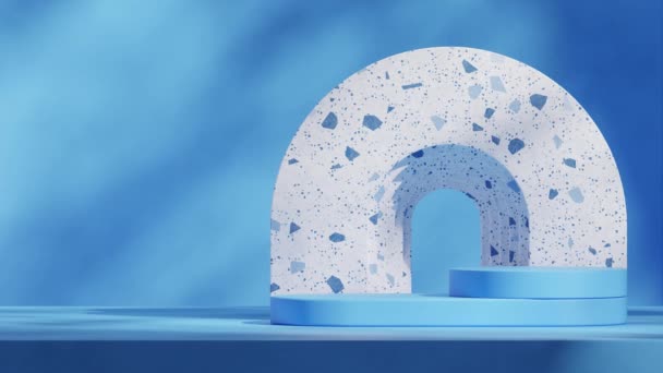 Beyaz Terrazzo Desenli Kemer Boş Mavi Silindir Podyumun Görüntülerini Hazırlıyor — Stok video
