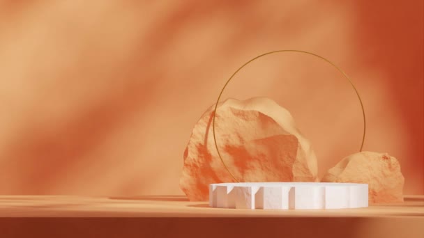 シーンモックアップホワイトシリンダー表面シームレスループシャドーアニメーションの3D映像レンダリングでテクスチャーされたロックオレンジの背景 — ストック動画