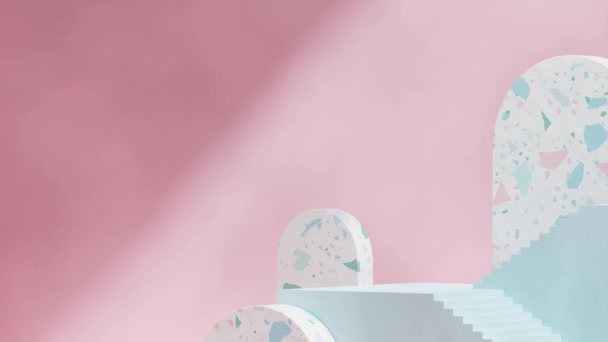 カラフルなパステルピンクのアーチバックドロップでループする青い階段表彰台のシームレスな影アニメーション 3Dレンダリング映像の空白のモックアップ — ストック動画