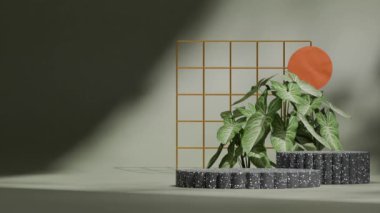 Siyah terrazzo podyum döngüsünün 3 boyutlu görüntüsü. Altın ızgara ve yeşil ev bitkisi ile kusursuz gölge animasyonu.
