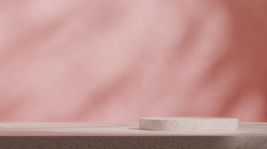 Pembe, pürüzsüz duvar 3D video görüntüsü, boş, kırmızı terrazzo desenli podyum, dikişsiz gölge animasyon döngüsü.
