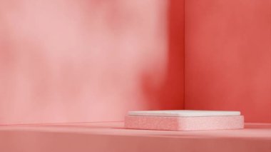 En az renkli duvarı olan kusursuz döngü gölge animasyonu, beyaz turuncu terrazzo blok podyum 3D görüntü şablonu oluşturur