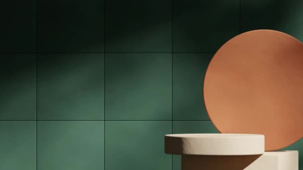 Dikdörtgen Yeşil Duvarlı Kusursuz Gölge Animasyonu Kahverengi Silindir Podyumunun Görüntü — Stok video