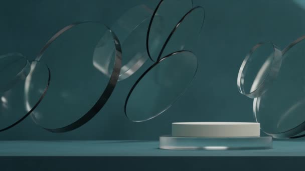 Biały Cylinder Podium Płynny Cień Animacji Pętli Pływającym Kształcie Szkła — Wideo stockowe