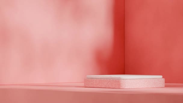 最小限の色の壁が付いているシームレスなループの影アニメーション 白いオレンジ色のテラゾーブロック表彰台の3D映像シーンテンプレートをレンダリング — ストック動画