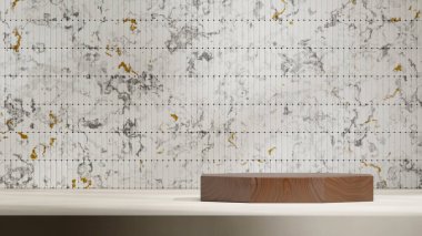 Kahverengi ahşap desenli altıgen podyum, peyzaj mermer döşeme duvarı, 3D görüntü boş modelleme