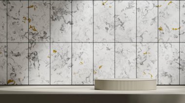 peyzaj beyaz mermer desenli fayans duvarı, 3D görüntü görüntüleme şablonu yeşil silindir podyumu