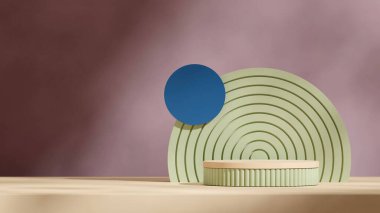 mavi daire ve mor duvar, 3D boş alan kahverengi ve yeşil silindir podyumu manzarada