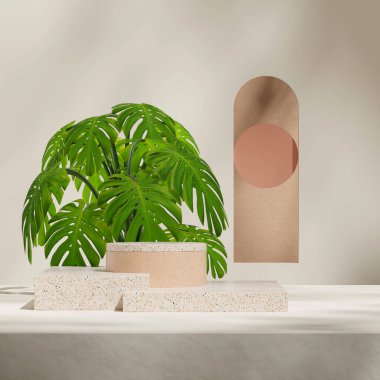 Monstera bitkisi ve kemer penceresi, 3 boyutlu boş bej terrazzo podyumu.