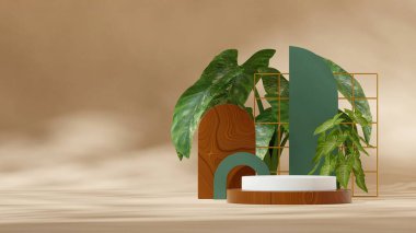 boş model beyaz ve ahşap podyum peyzaj kahverengi kemer ve ev bitkisi, 3D görüntü
