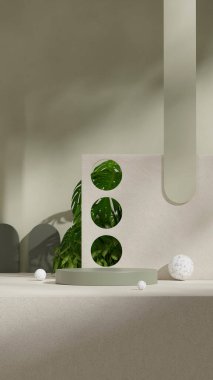 Seramik desenli ve canavarımsı bitki, 3D resim, portrede boş yeşil silindir podyumu oluşturur