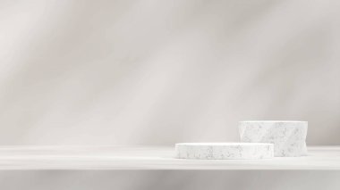 3D modelleme mermer podyum beyaz duvar ve güneş gölgesi ile manzara