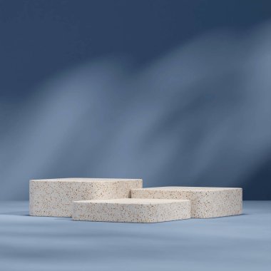 3D model terrazzo podyumu mavi arkaplan ve güneş gölgesiyle kare şeklinde.