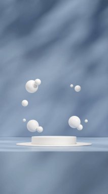 Yüzen küre ve güneş gölgesi ile beyaz podyumun 3D tasviri