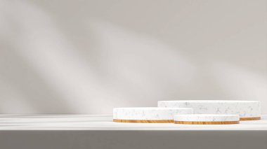 Ahşap ve mermer podyum 3D tasarım şablonu. Manzaradaki basit, parlak, boş sahne.