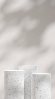 Portre çerçevesi en az beyaz mermer podyum 3d model şablonu ve duvarda gölgesi var